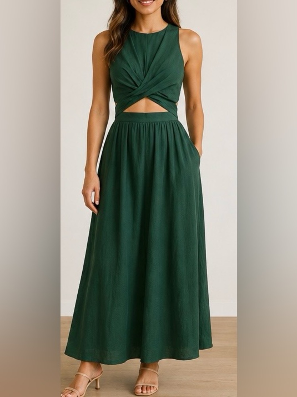 Commense Green Twist Front Cutout Linen Blend Maxi Dress Size Small